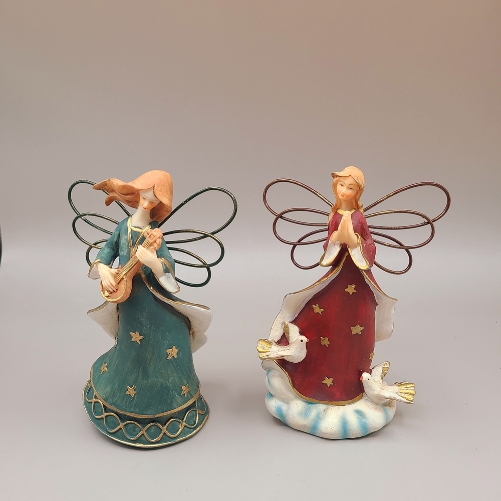 Set of 2 Christmas Angel Figurines, Red & Green